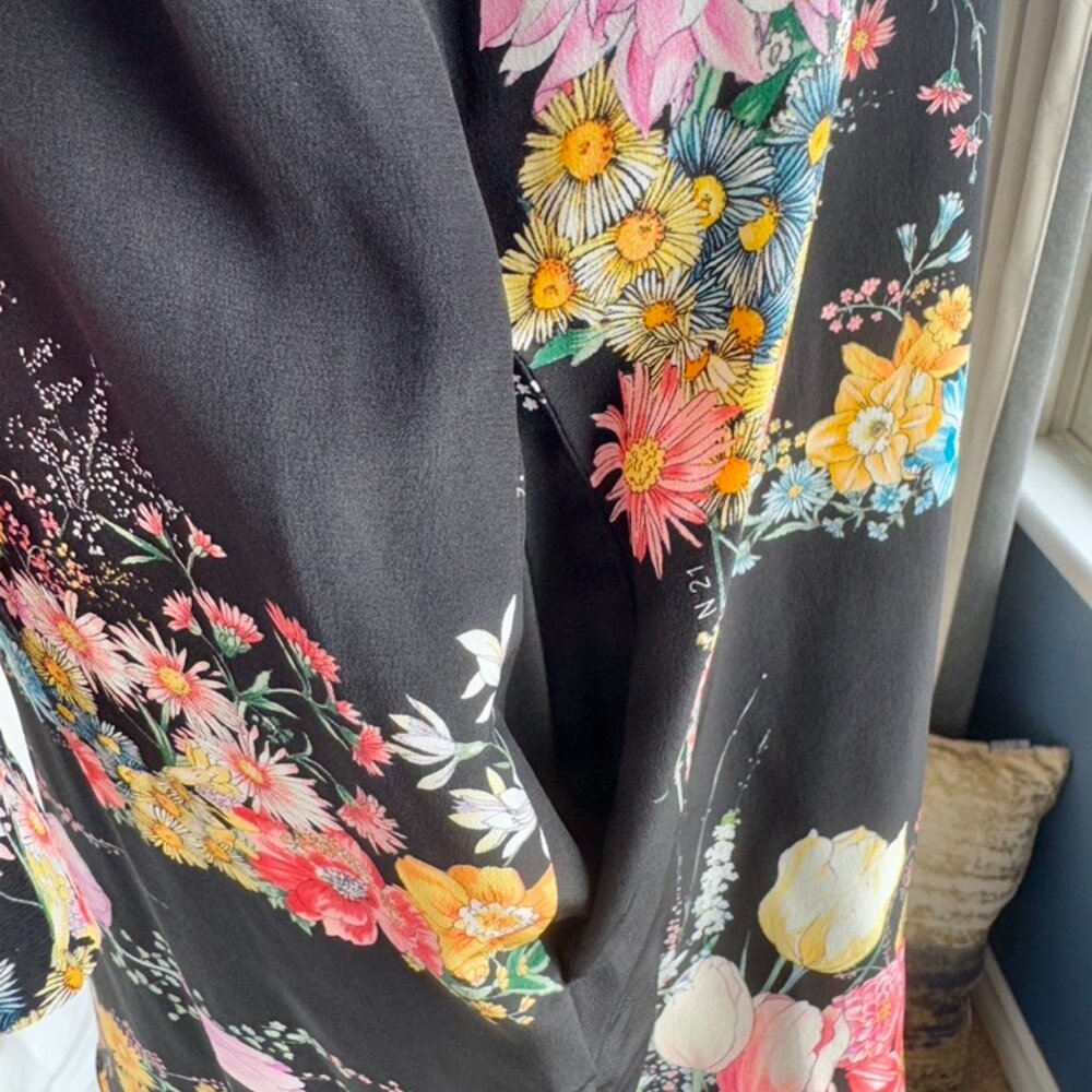 NWT No. 21 Black w Bright Floral 100% Silk Long Sleeved Mini Dress - Picture 8 of 13